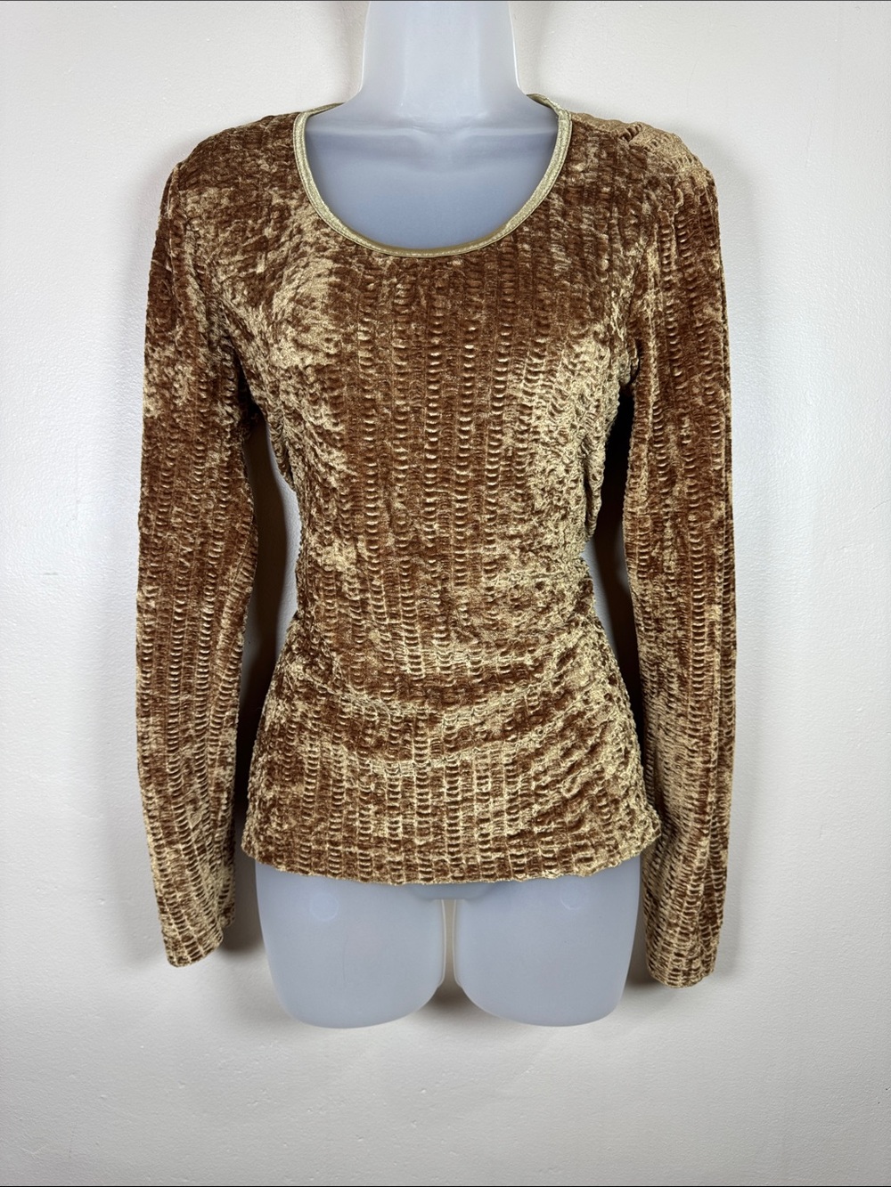 VTG Womens Crushed Velvet Scoop Neck Long Sleeve Top Boho Whimsigoth L